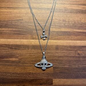 Silver Crystal Vivienne Westwood Skull Planet Pendant Layered Necklace